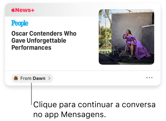 Um artigo de notícias compartilhado no app News. Clique na etiqueta “De” para enviar uma resposta no app Mensagens.