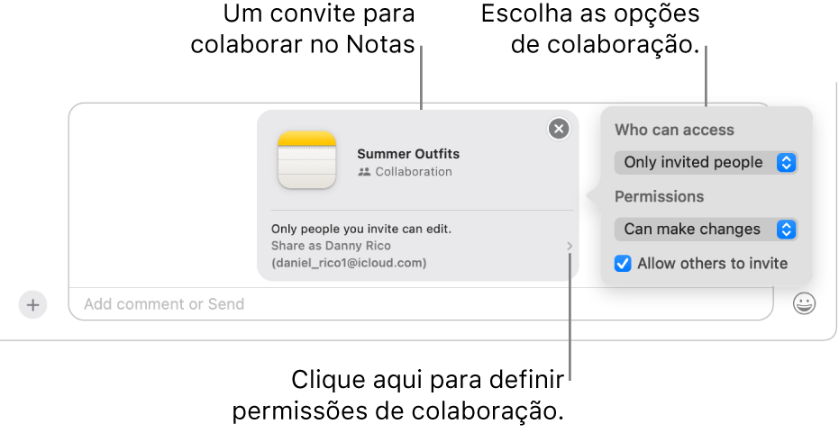 Uma visualização do campo de mensagem de texto na parte inferior da conversa do app Mensagens. Há um convite para colaborar em uma nota. Você pode clicar no lado direito do convite para definir permissões de colaboração.