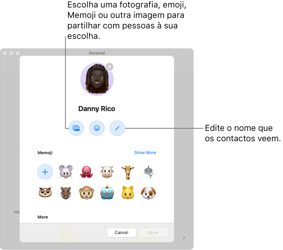 A caixa de diálogo de partilha do nome e fotografia a mostrar opções para editar o nome que os seus contactos veem e escolher uma fotografia, emoji, Memoji ou outra imagem.