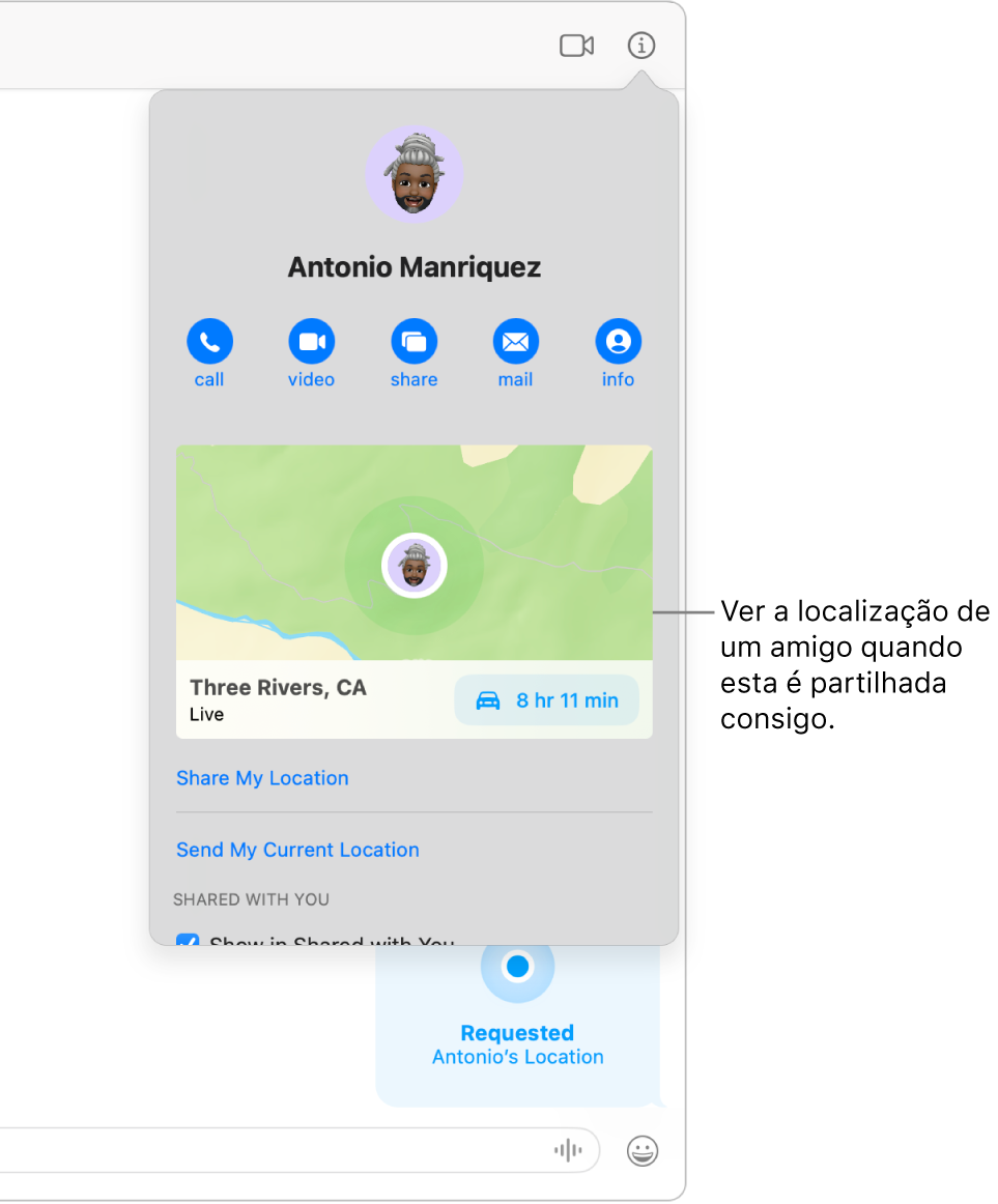 A vista de informação, que aparece quando se clica no botão de informação numa conversa, a mostrar o ícone de uma pessoa que partilhou a localização e um mapa e o endereço da localização.