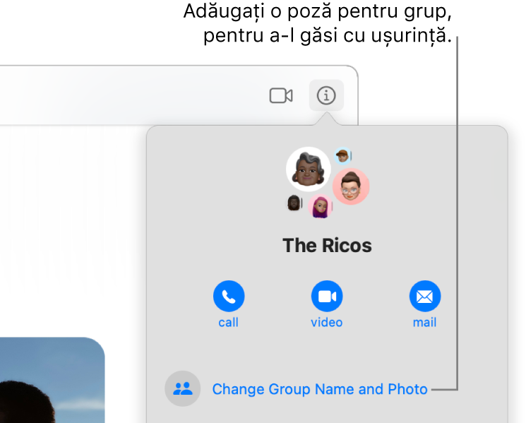 Vizualizarea Informații a unei conversații de grup, care apare după ce faceți clic pe butonul Informații dintr‑o conversație, afișând pictogramele membrilor grupului și numele grupului. Sub numele grupului sunt butoanele pentru efectuarea unui apel audio sau FaceTime video sau pentru a trimite e‑mail grupului. Sub acestea este butonul pentru schimbarea numelui și a pozei grupului.