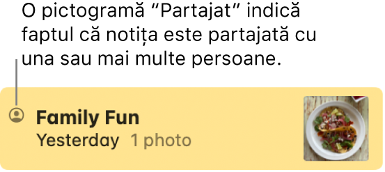 O notiță care a fost partajată cu alte persoane într‑o conversație Mesaje, cu pictograma Partajat în stânga numelui notiței.