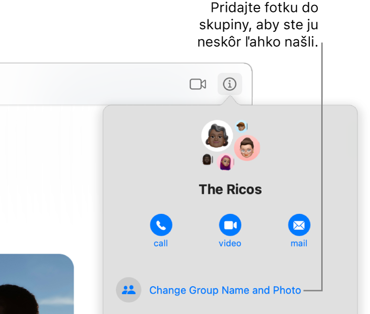Zobrazenie Informácie v skupinovej konverzácii, ktoré sa zobrazí po kliknutím na tlačidlo Informácie v konverzácii, ktoré zobrazuje ikony členov skupiny a názov skupiny. Pod názvom skupiny sú tlačidlá na vykonanie FaceTime videohovoru alebo na odoslanie skupine emailu. Pod tým je tlačidlo na zmenu názvu a fotky skupiny.