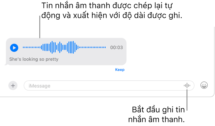 Một cuộc hội thoại trong Tin nhắn, đang hiển thị nút Ghi âm thanh bên cạnh trường tin nhắn ở cuối cửa sổ. Một tin nhắn âm thanh với bản chép lại và độ dài đã ghi xuất hiện trong cuộc hội thoại.