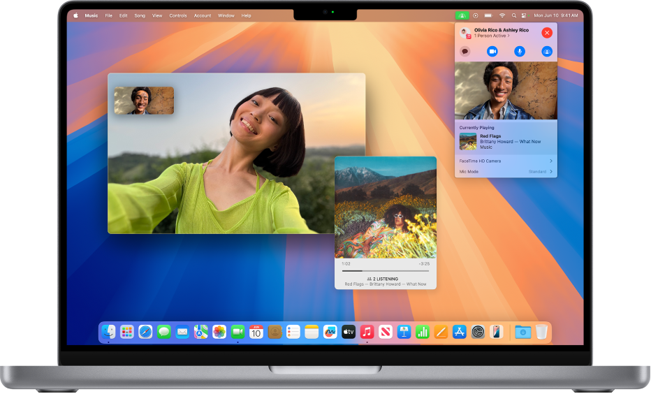 La finestra del FaceTime que mostra una trucada en què es veuen els participants utilitzant el SharePlay per escoltar un àlbum junts.