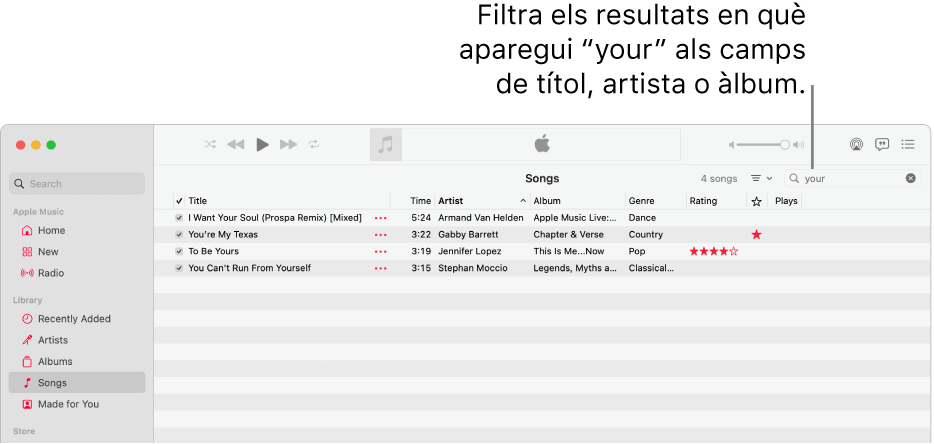 La finestra de l’Apple Music amb la llista de cançons que apareix quan s’introdueix “your” al camp del filtre que hi ha a l’angle superior dret. Les cançons de la llista tenen la paraula “your” al títol o al nom de l’artista o al nom de l’àlbum.