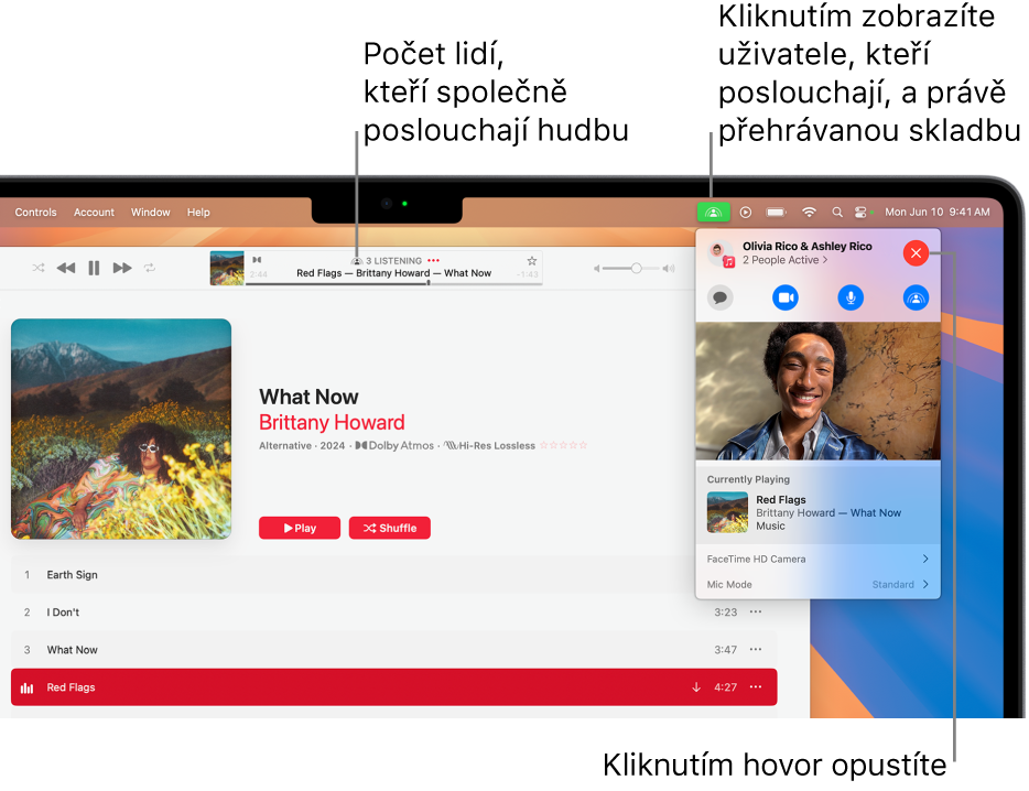 Okno Apple Music, v němž je vidět přehrávaná skladba při použití SharePlay. V okně přehrávání je vidět počet uživatelů, kteří společně poslouchají. Po kliknutí na ikonu SharePlay napravo můžete zobrazit poslouchající účastníky a také aktuálně přehrávanou skladbu. Napravo můžete kliknout na tlačítko Zavřít.