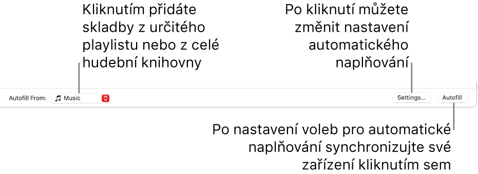 Volby automatického naplňování u dolního okraje okna Hudba Zcela vlevo se nachází místní nabídka Zdroj, ve které můžete určit, zda chcete přidávat skladby z playlistu nebo z celé knihovny. Zcela vpravo jsou umístěna dvě tlačítka – Nastavení, které umožňuje měnit různé volby automatického naplňování, a Naplnit. Kliknutím na tlačítko Naplnit naplníte zařízení skladbami, které splňují nastavená kritéria.