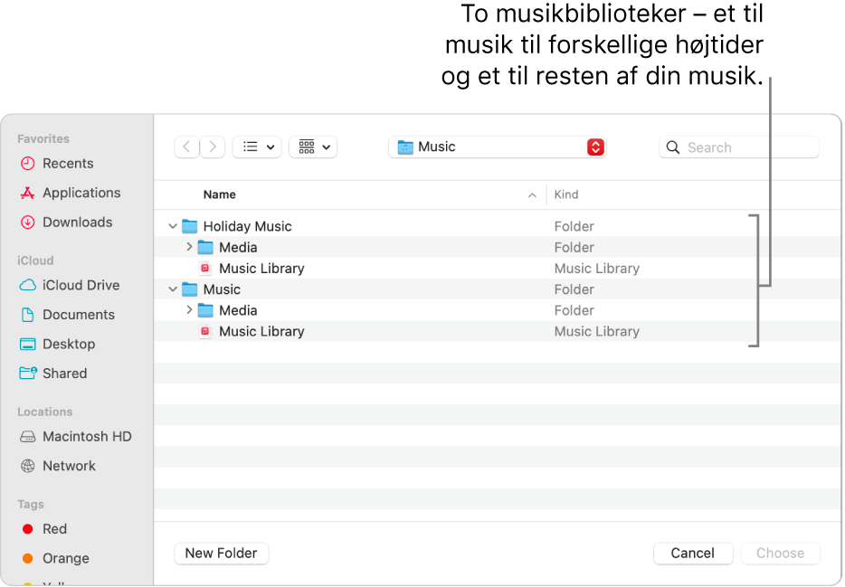 Vinduet Finder viser flere biblioteker – et for feriemusik og et for resten af din musik.