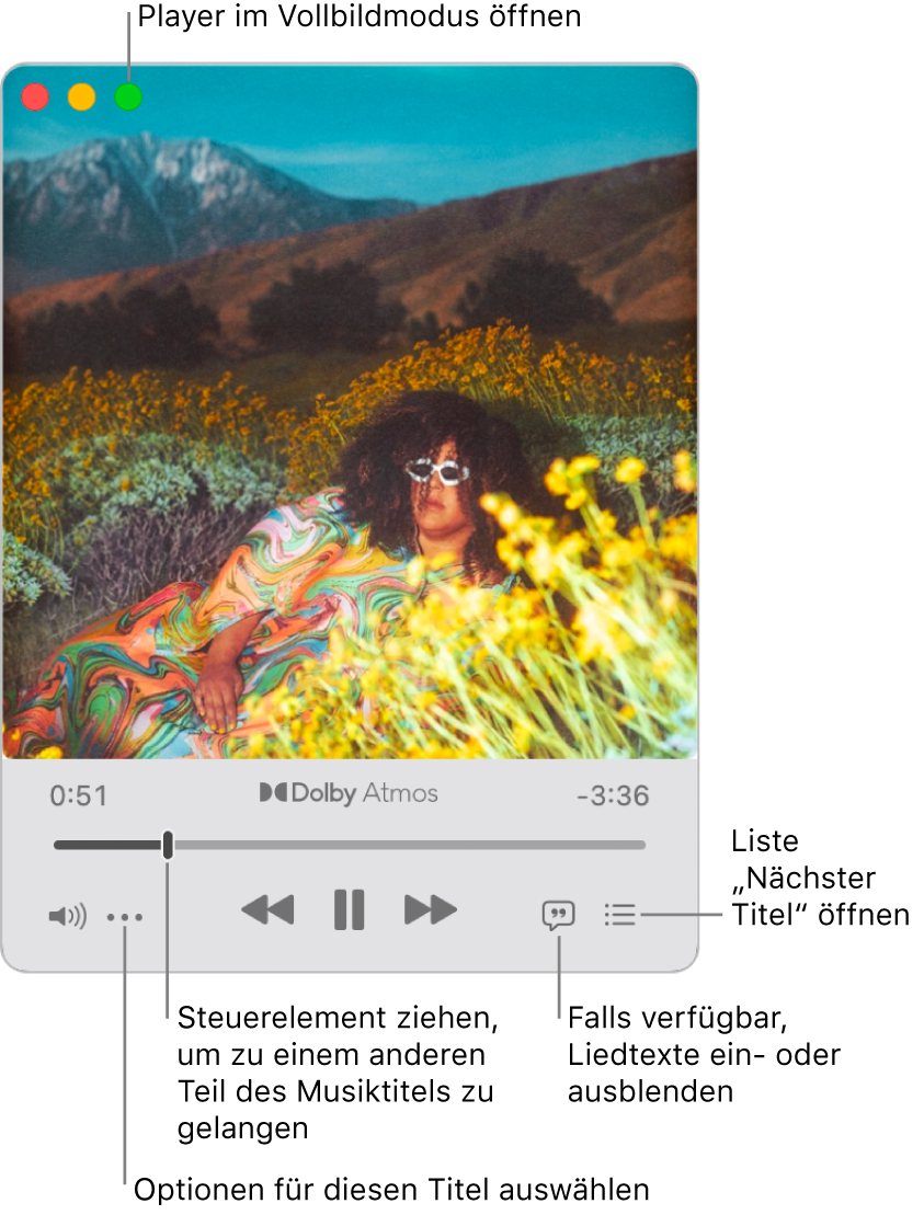 Der erweiterte MiniPlayer mit Steuerelementen für den gerade abgespielten Titel. Oben links befindet sich die Fenstersteuerung, mit der der Vollbild-Player geöffnet und geschlossen wird. Im Hauptteil des Fensters wird das Albumcover des Titels angezeigt, der gerade gespielt wird. Unter dem Coverbild befinden sich ein Regler, mit dem du zu einem anderen Teil des Titels springen kannst, sowie Tasten, mit denen du die Lautstärke einstellen, den Text anzeigen und sehen kannst, was als Nächstes gespielt wird.