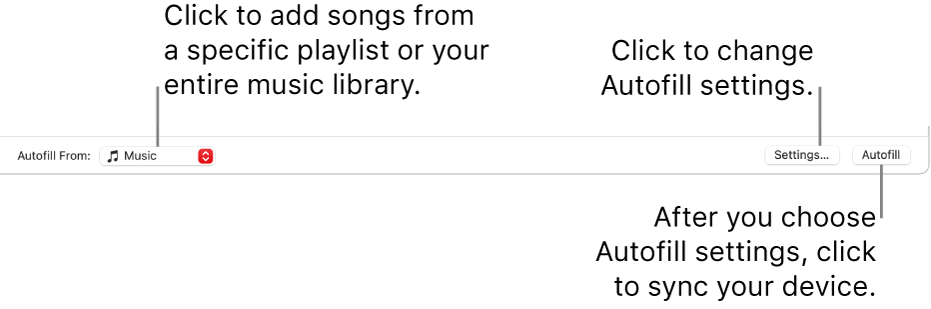 The Autofill options at the bottom of the Music window. At the far left is the Autofill From pop-up menu, where you choose whether to add songs from a playlist or from your entire library. On the far right are two buttons—Settings, to change various Autofill options, and Autofill. When you click Autofill, your device fills with the songs fitting the criteria.