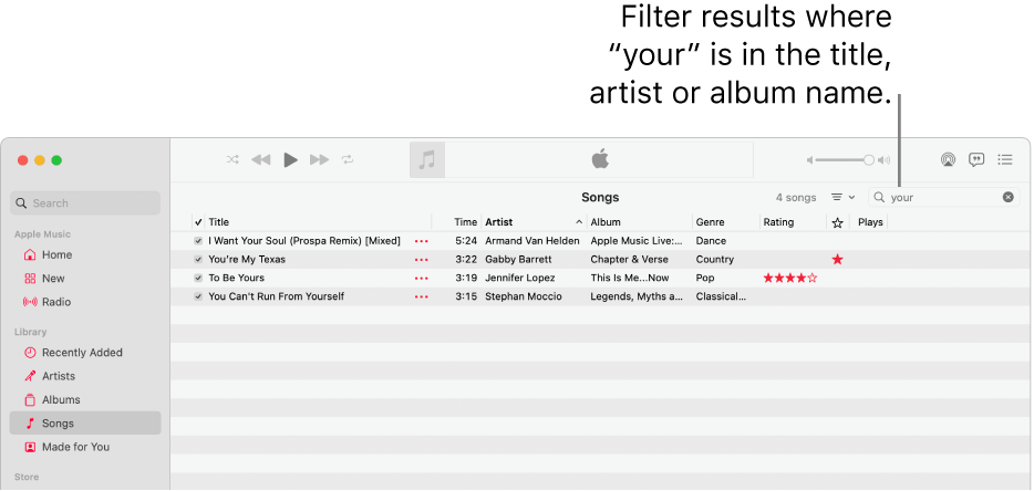 The Apple Music window showing the list of songs that appears when “your” is entered in the filter field in the top-right corner. The songs in the list include the word “your” in their title, artist or album name.