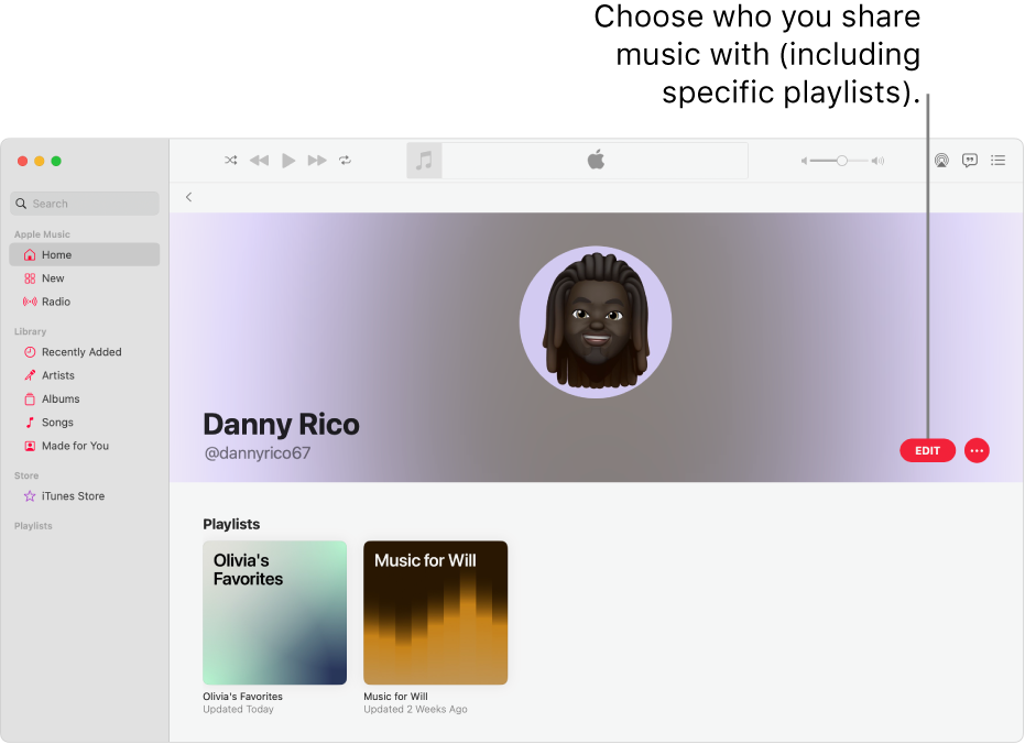 The profile page in Apple Music: on the right side of the window, click Edit to choose who can follow you. To the right of Edit, click the More button to share your music.