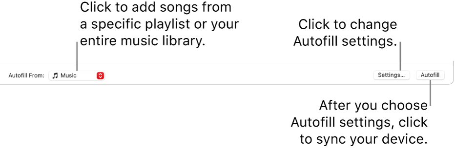 The Autofill options at the bottom of the Music window. At the far left is the Autofill From pop-up menu, where you choose whether to add songs from a playlist or from your entire library. On the far right are two buttons—Settings, to change various Autofill options, and Autofill. When you click Autofill, your device fills with the songs fitting the criteria.