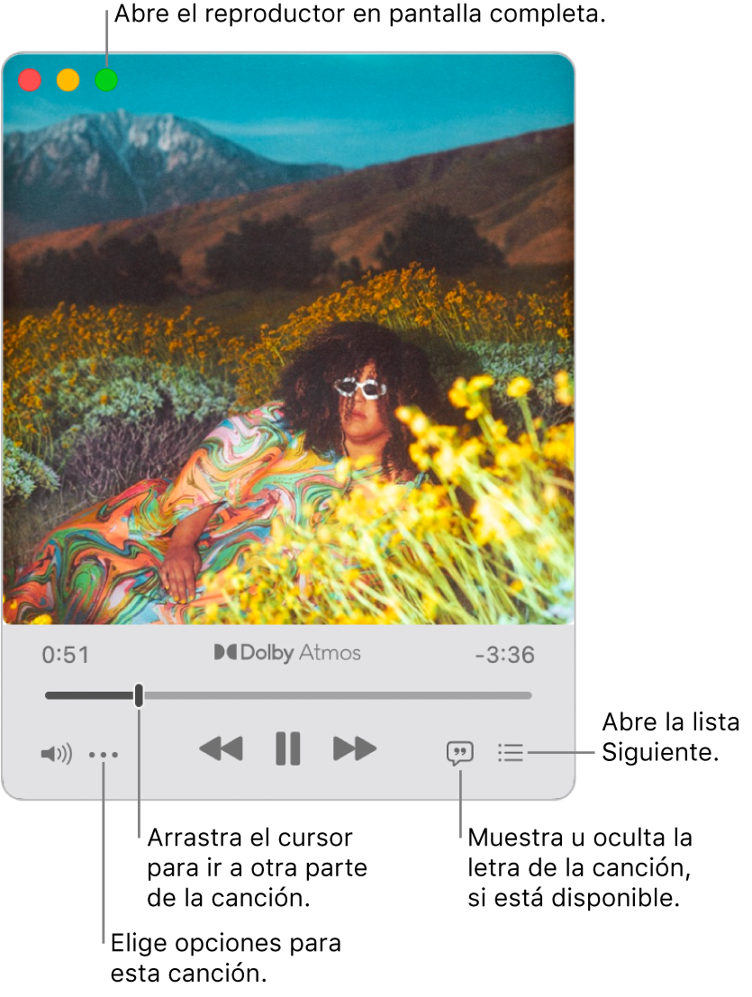 El mini reproductor ampliado que muestra los controles de la canción que se está reproduciendo. Los controles de la ventana que se usan para abrir y cerrar el reproductor en pantalla completa se encuentran en la esquina superior izquierda. La parte principal de la ventana muestra la ilustración de la canción que se está reproduciendo. Debajo de la ilustración hay un regulador para desplazarse a una parte diferente de la canción, junto con botones para ajustar el volumen y mostrar la letra o lo que se reproducirá después.