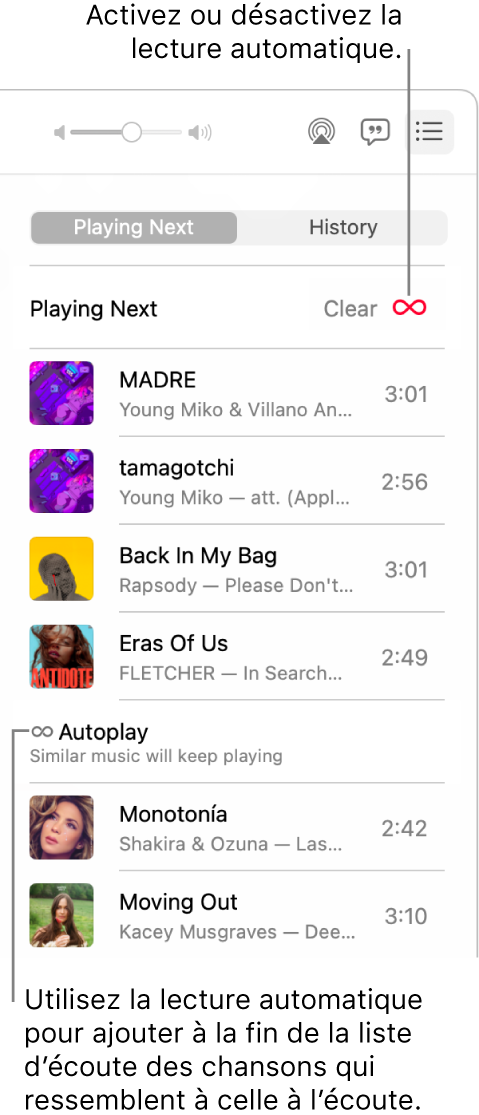 La liste d’écoute Suivant. Cliquez sur le bouton Lecture automatique pour l’activer ou la désactiver. Lorsque la lecture automatique est activée, des chansons similaires sont ajoutées à la fin de la liste d’écoute.