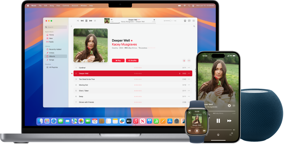 שיר שמתנגן ב‑Mac, ב‑iPhone וב‑Apple Watch, עם HomePod.