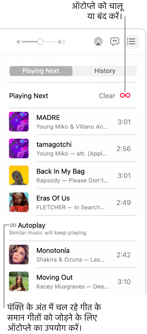 “अगला” क़तार। ऑटोप्ले बटन को चालू या बंद करने के लिए इस पर क्लिक करें। ऑटोप्ले चालू होने पर क़तार के अंत में वैसे ही गीत जोड़े जाते हैं।