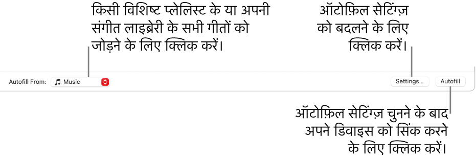 संगीत विंडो के नीचे स्थित Autofill विकल्प। एकदम बाईं ओर Autofill फ्रॉम पॉप-अप मेन्यू है, जहां आप चुन सकते हैं कि गाने अपने गीतमाला से जोड़ने हैं या अपनी संपूर्ण लाइब्रेरी से। बिल्कुल दायीं ओर दो बटन हैं — विभिन्न Autofill विकल्प बदलने के लिए सेटिंग्ज़, और Autofill. जब आप Autofill पर क्लिक करते हैं, आपके डिवाइस के क्राइटेरिया में फिट होने वाले गाने भर जाते हैं।