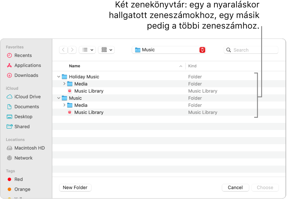 A Finder ablaka több könyvtárral – egy a nyaraláshoz használt zenékkel, míg a másik a többi zenékkel.