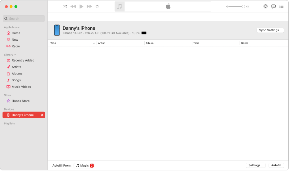 A Zene ablak egy eszközzel (Danny iPhone-ja) az oldalsávon. A jobb felső sarokban található Beállítások szinkronizálása gomb megnyitja a Findert.