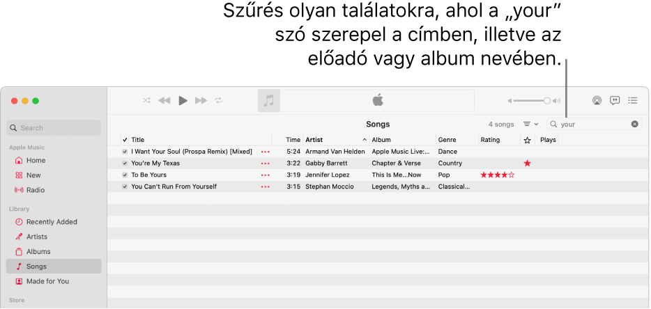 Az Apple Music ablaka, amelyben azok a dalok láthatók, amelyek akkor jelennek meg, amikor a „your” szót beírják a keresőmezőbe a jobb felső sarokban. A listában található dalok címében, előadója nevében vagy albuma címében megtalálható a „your” szó.