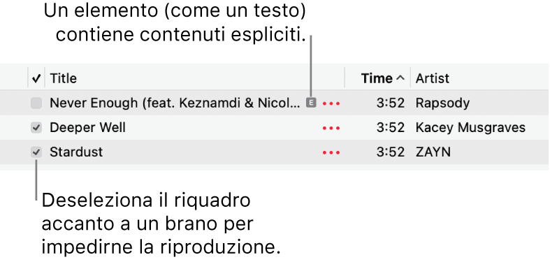 Dettaglio dell’elenco dei brani in Musica, con i riquadri e un simbolo esplicito per il primo brano (indicante che il brano ha contenuti espliciti ad esempio nel testo). Deseleziona il riquadro accanto a un brano per impedirne la riproduzione.