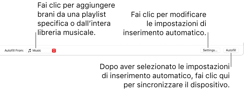 Opzioni di inserimento automatico nella parte inferiore della finestra Musica. All’estrema sinistra è presente il menu a comparsa Sorgente in cui puoi scegliere se aggiungere brani da una playlist o dall’intera libreria. All’estrema destra sono presenti due pulsanti: Impostazioni, per modificare varie opzioni per l’inserimento automatico, e “Inserimento automatico”. Se fai clic su “Riempi automaticamente”, il dispositivo viene riempito con i brani che corrispondono ai tuoi criteri.