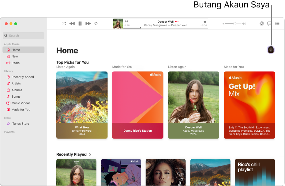 Tetingkap Apple Music menunjukkan skrin Laman Utama. Butang Akaun Saya (yang kelihatan seperti foto atau monogram) terletak di penjuru kanan atas tetingkap.