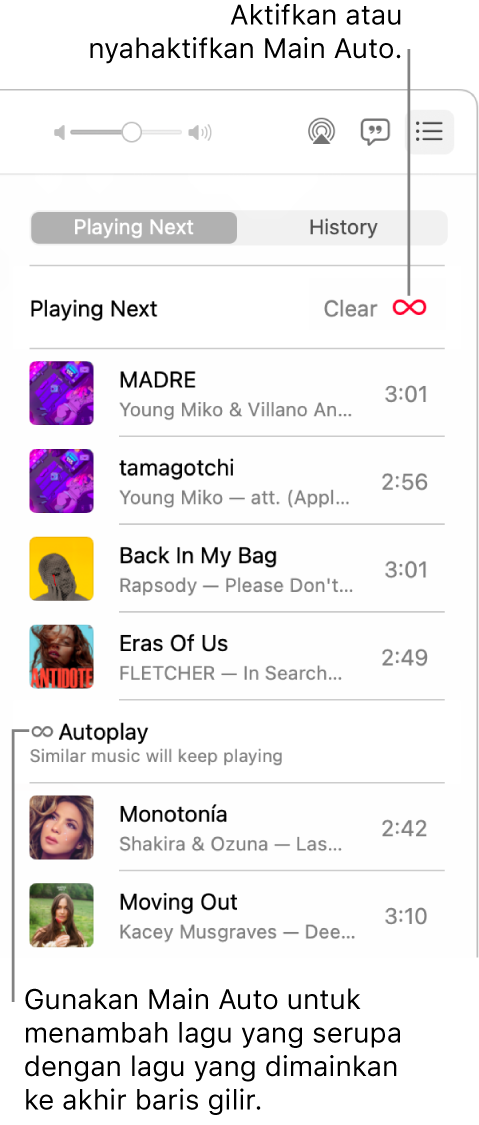 Baris gilir Main Seterusnya. Klik butang Main Auto untuk mengaktifkan atau menyahaktifkannya. Apabila Main Auto aktif, lagu yang serupa ditambah ke penghujung baris gilir.