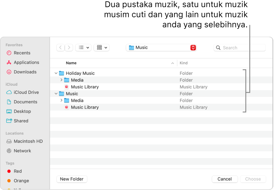 Tetingkap Finder menunjukkan berbilang pustaka—satu untuk muzik musim cuti dan satu lagi untuk muzik anda yang selebihnya.