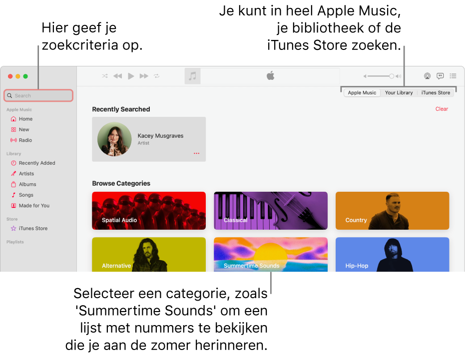 Het Muziek-venster met het zoekveld linksbovenin, de lijst met categorieën in het midden van het venster en 'Apple Music', 'Jouw bibliotheek' en 'iTunes Store' rechtsbovenin. Voer zoekcriteria in het zoekveld in en geef aan of je in heel Apple Music, alleen in je eigen bibliotheek of in de iTunes Store wilt zoeken.