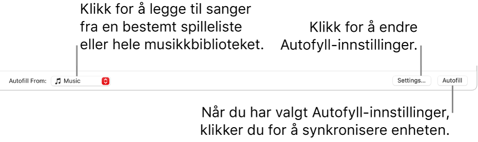 Autofyll-valgene nederst i Musikk-vinduet. Lengst til venstre er Autofyll fra-lokalmenyen der du velger om du vil legge til sanger fra en spilleliste eller fra hele biblioteket. Helt til høyre er det to knapper – Innstillinger, for å endre ulike Autofyll-valg, og Autofyll. Når du klikker på Autofyll, fylles enheten med sangene som passer til kriteriene.