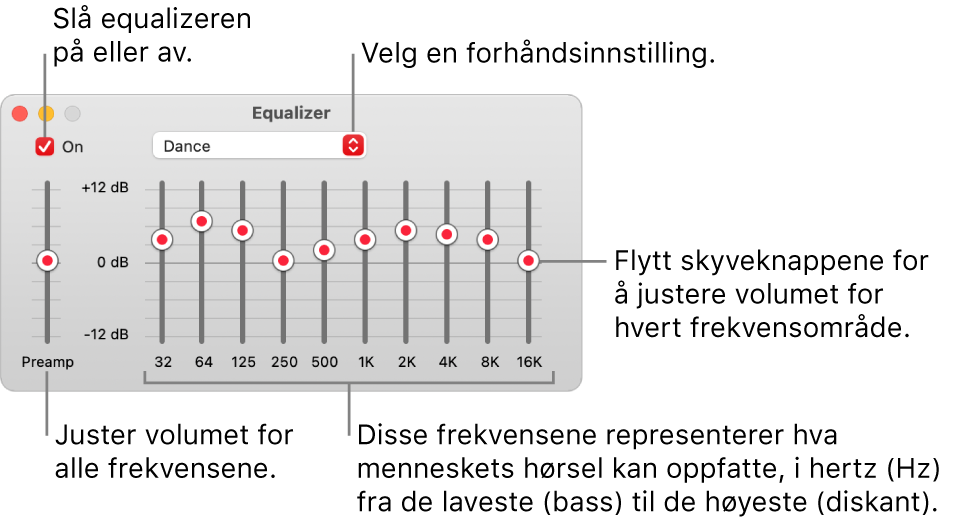 Equalizer-vinduet: Avkrysningsruten for å slå på Musikk-equalizeren er øverst til venstre. Ved siden av den er lokalmenyen med equalizerforhåndsinnstillinger. Helt til venstre kan du justere det generelle volumnivået for frekvenser med forforsterkeren. Under equalizerforhåndsinnstillingene kan du justere lydnivået for forskjellige frekvensområder som representerer det menneskelige hørselsspektrumet fra lavest til høyest.