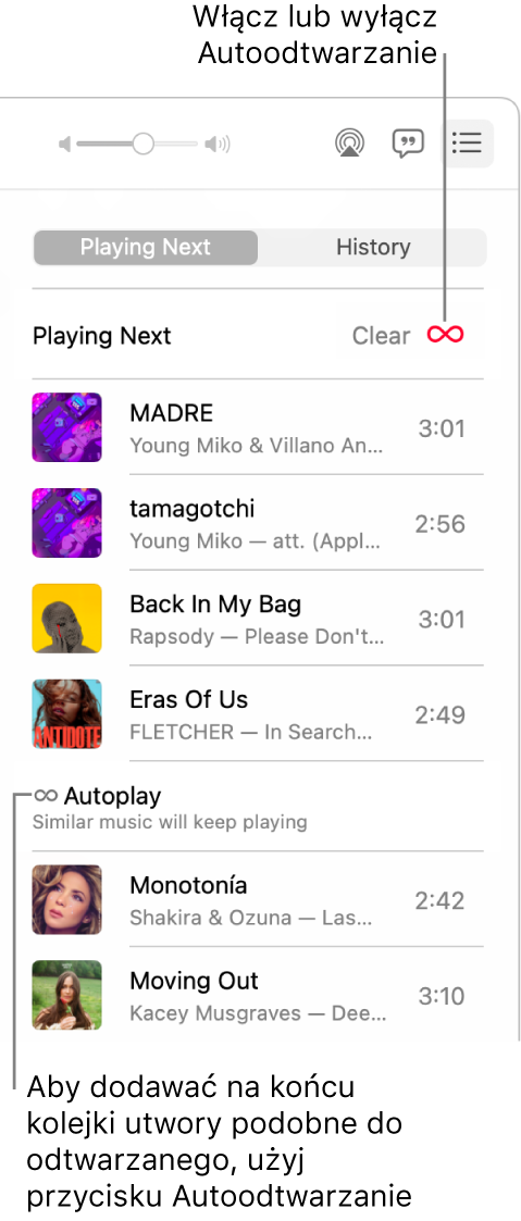 Kolejka Następne. Kliknij w przycisk Autoodtwarzanie, aby włączyć lub wyłączyć tę funkcję. Gdy autoodtwarzanie jest włączone, na końcu kolejki dodawane są podobne utwory.