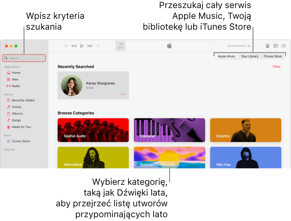 Okno Apple Music z polem wyszukiwania w lewym górnym rogu. Na środku okna widoczna jest lista kategorii. W prawym górnym rogu widoczny jest przełącznik umożliwiający szukanie w Apple Music, w Twojej bibliotece lub w iTunes Store. Wprowadź kryteria wyszukiwania w polu Szukaj, a następnie wybierz, czy chcesz szukać w całej zawartości Apple Music, tylko w swojej bibliotece, czy w iTunes Store.