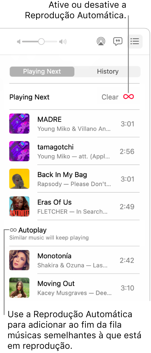A fila A Seguir. Clique no botão da Reprodução Automática para ativá-la ou desativá-la. Quando a Reprodução Automática está ativada, músicas parecidas são adicionadas ao final da fila.