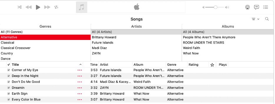 A janela do Apple Music mostrando o navegador por colunas acima da lista de músicas.