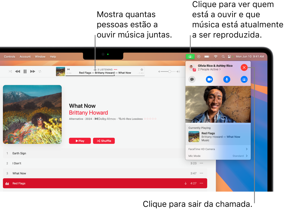 A janela Apple Music com uma música em reprodução durante a utilização de SharePlay. A janela de reprodução mostra quantas pessoas estão a ouvir música em conjunto. À direita, o ícone do SharePlay é clicado e pode ver quem está a ouvir e que música está atualmente a ser reproduzida. À direita, pode clicar no botão “Fechar”.