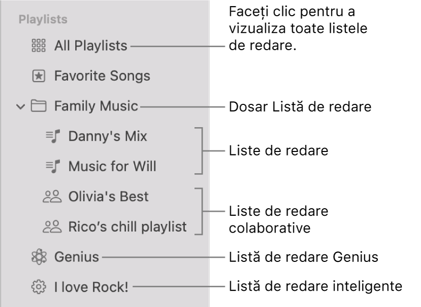 Bara laterală din Muzică afișând diverse tipuri de liste de redare: Melodii favorite, Genius, Inteligente și liste de redare. Faceți clic pe “Toate listele de redare” pentru a le vizualiza pe toate.