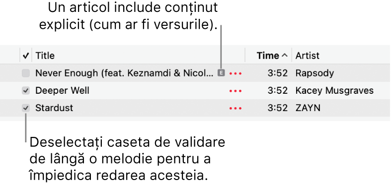 Detaliu al listei de melodii din aplicația Muzică, prezentând casetele de validare și un simbol explicit pentru prima melodie (indicând că are conținut explicit, cum ar fi versurile). Deselectați caseta de validare de lângă o melodie pentru a împiedica redarea acesteia.