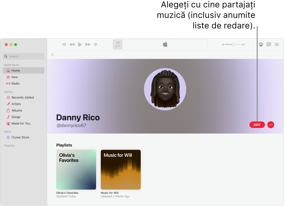 Pagina de profil din Apple Music: în partea dreaptă a ferestrei, faceți clic pe Editați pentru a alege cine vă poate urmări. În dreapta butonului Editați, faceți clic pe butonul Mai multe pentru partaja muzica dvs.