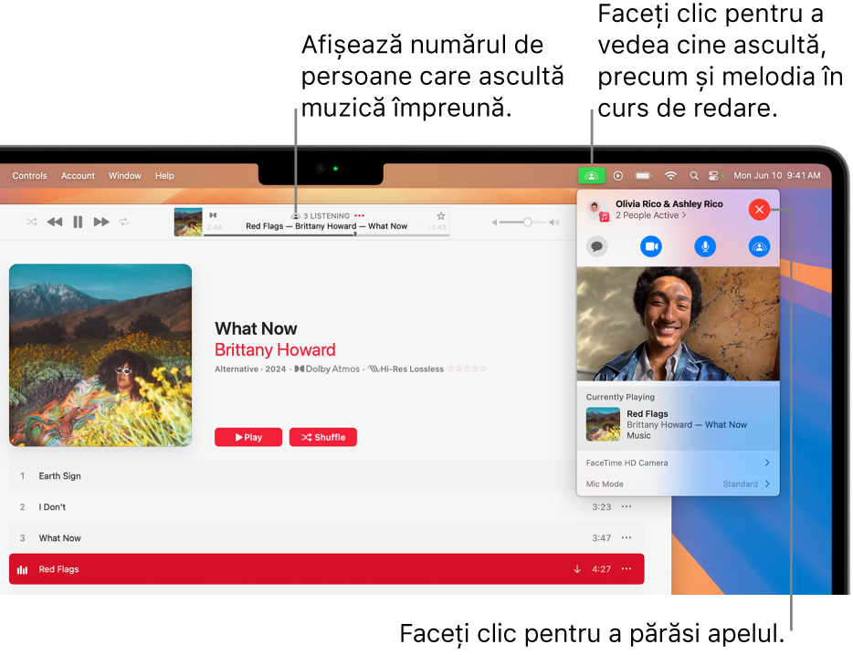 Fereastra Apple Music, cu o melodie în curs de redare în timpul utilizării SharePlay. Fereastra de redare afișează câte persoane ascultă muzică împreună. În dreapta, se face clic pe pictograma SharePlay și puteți vedea cine ascultă și melodia aflată în curs de redare. În dreapta, puteți face clic pe butonul Închide.