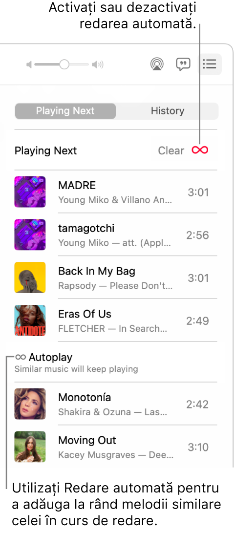 Coada “În continuare”. Faceți clic pe butonul de redare automată pentru a o activa sau dezactiva. Când redarea automată este pornită, melodii similare sunt adăugate la sfârșitul rândului de redare.