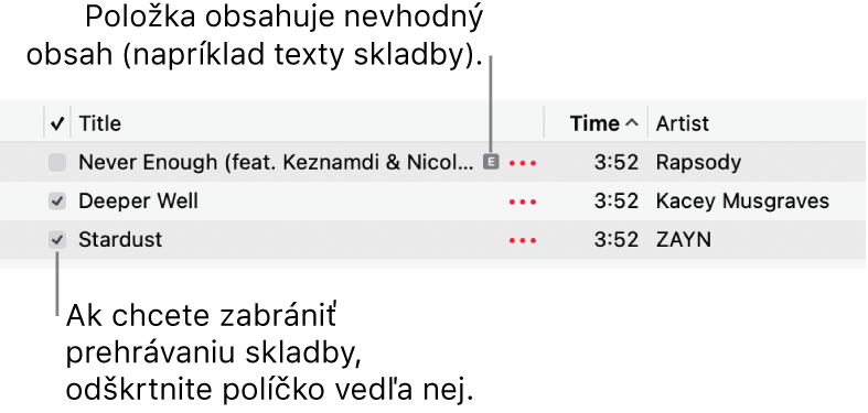 Detail zoznamu skladieb v apke Hudba znázorňujúci zaškrtávacie políčka a symbol nevhodného obsahu pre prvú skladbu (označuje, že sa tam nachádza nevhodný obsah, ako napríklad text). Ak chcete zabrániť, aby sa skladba prehrávala, zrušte zaškrtnutie polička vedľa danej skladby.