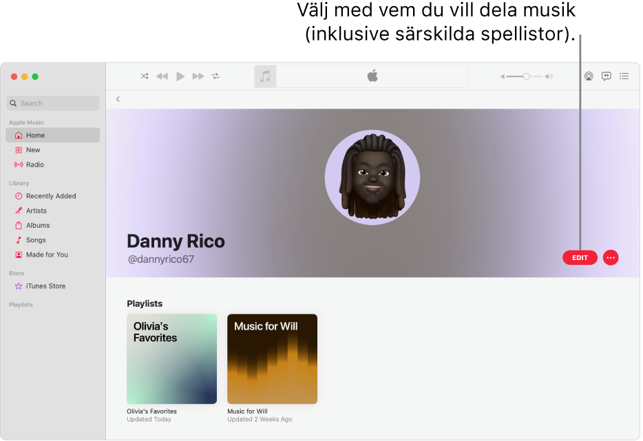 Profilsidan i Apple Music: om du vill välja vilka som kan följa dig klickar du på Redigera på höger sida av fönstret. Dela din musik genom att klicka på merknappen till höger om Redigera.