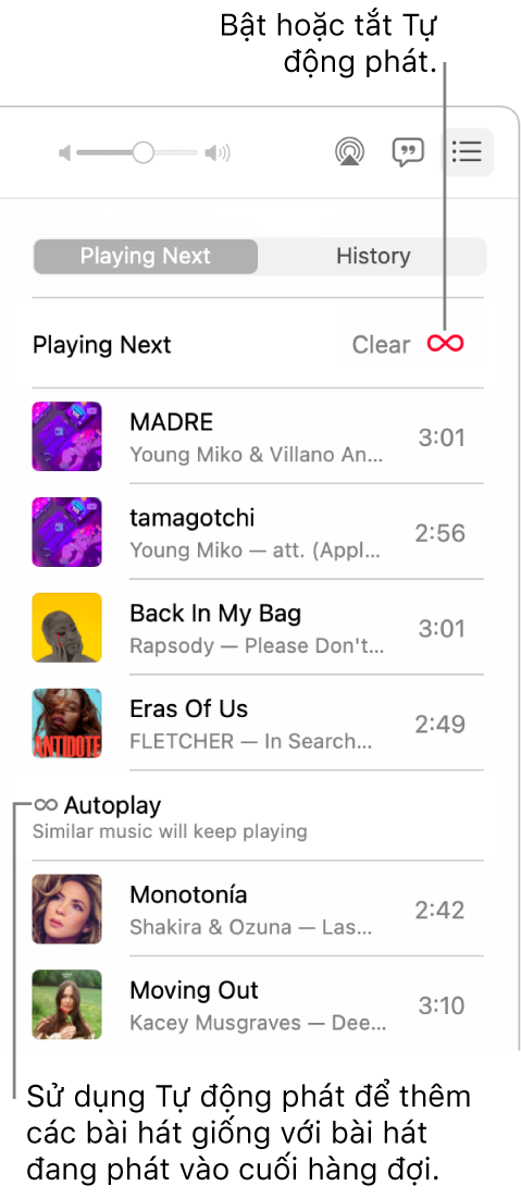 Hàng đợi Phát tiếp theo. Bấm vào nút Tự động phát để bật hoặc tắt. Khi Tự động phát được bật, các bài hát tương tự sẽ được thêm vào cuối hàng đợi.