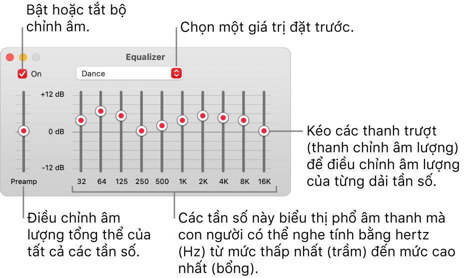 Cửa sổ Bộ chỉnh âm: Hộp kiểm để bật bộ chỉnh âm Nhạc ở góc trên cùng bên trái. Bên cạnh là menu bật lên có các giá trị đặt trước của bộ chỉnh âm. Ở phía ngoài cùng bên trái, điều chỉnh âm lượng chung của các tần số bằng tính năng khuếch đại trước. Bên dưới các giá trị đặt trước của bộ chỉnh âm, điều chỉnh mức âm thanh của các dải tần số khác nhau thể hiện dải âm thanh mà con người có thể nghe được từ thấp nhất đến cao nhất.