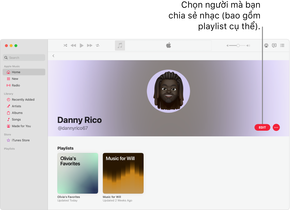 Trang trang cá nhân trên Apple Music: ở phía bên phải của cửa sổ, hãy bấm vào Sửa để chọn những người có thể theo dõi bạn. Ở bên phải của Sửa, hãy bấm vào nút Thêm để chia sẻ nhạc của bạn.