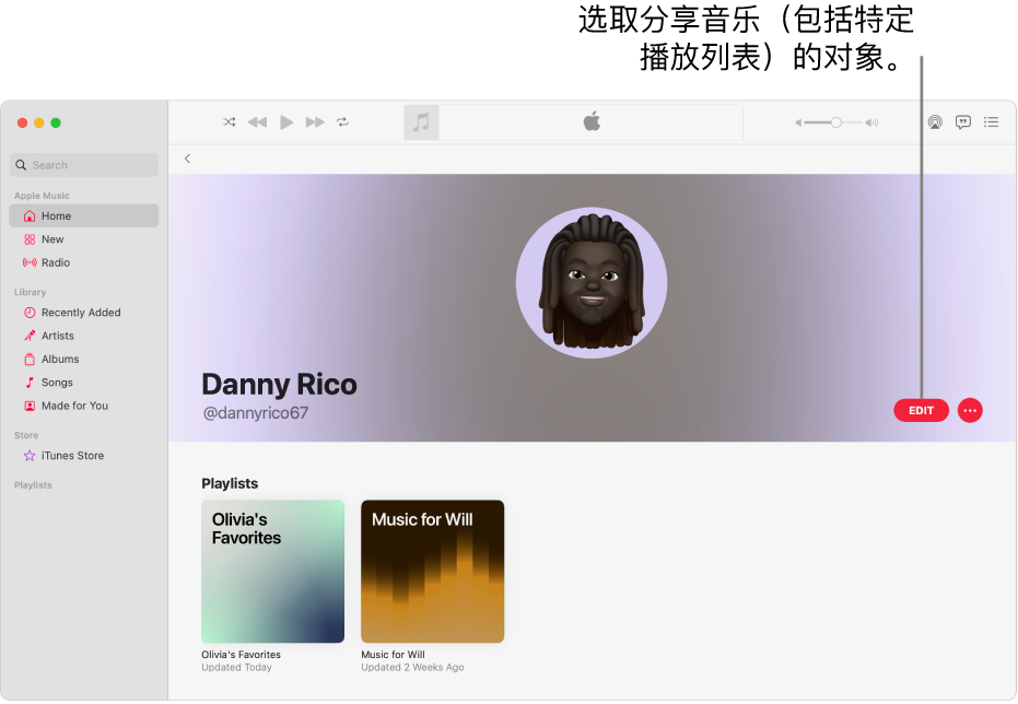 Apple Music 的个人资料页面：在窗口右侧，点按“编辑”以选取可关注你的人。在“编辑”右边，点按“更多”按钮以分享你的音乐。